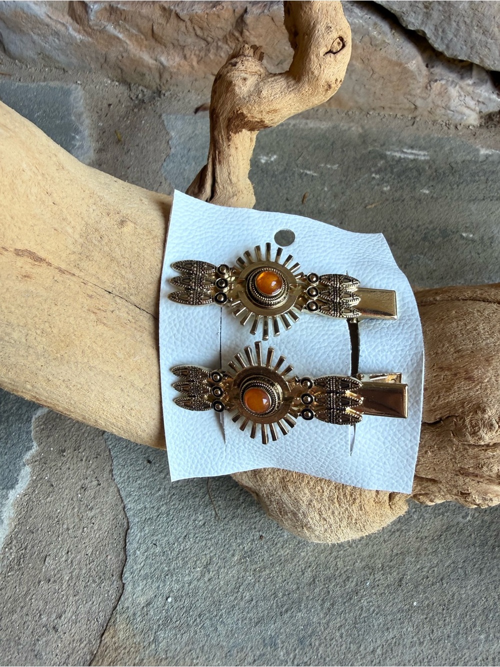 New🌟Free People-South Western Metal Hair Clips with Amber Cabochon - Pair